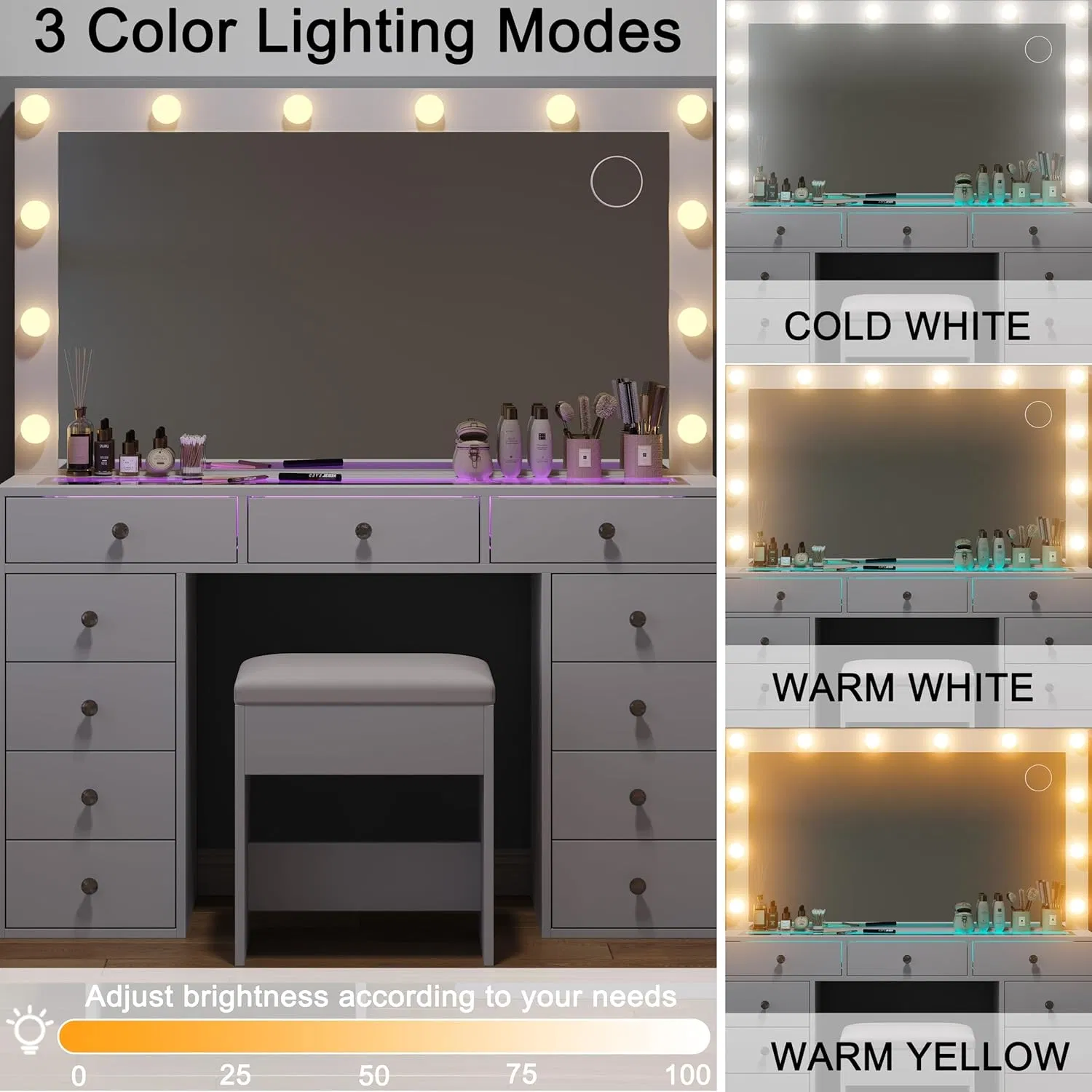 Modern White 11 Drawers RGB Lighting Glass Top Large Storage Makeup Vanity Dressing Table
