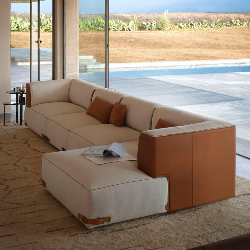 Panoramic Biophilic Low-Profile Chaise Sectional Natural Beige Fabric Taupe Accents Resort-Inspired Villas Sofa