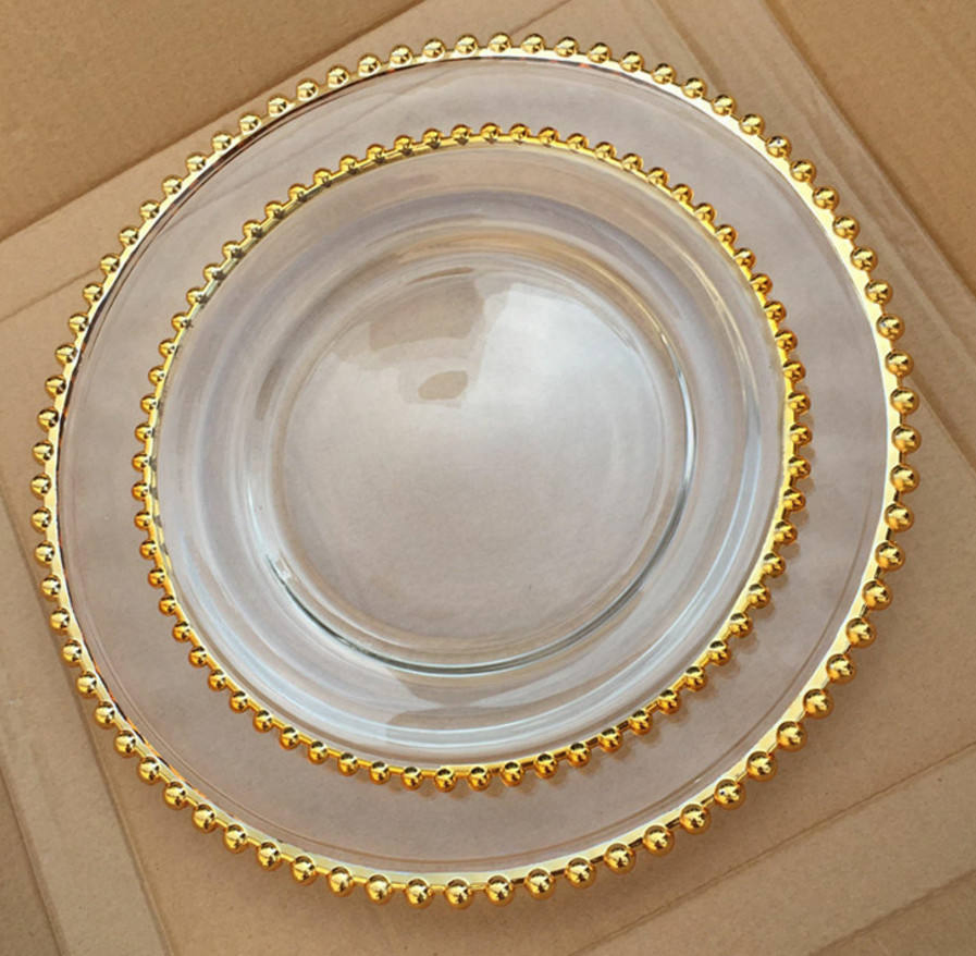 13-Inch Round Glass Charger Plates with Luxurious Gold Accents