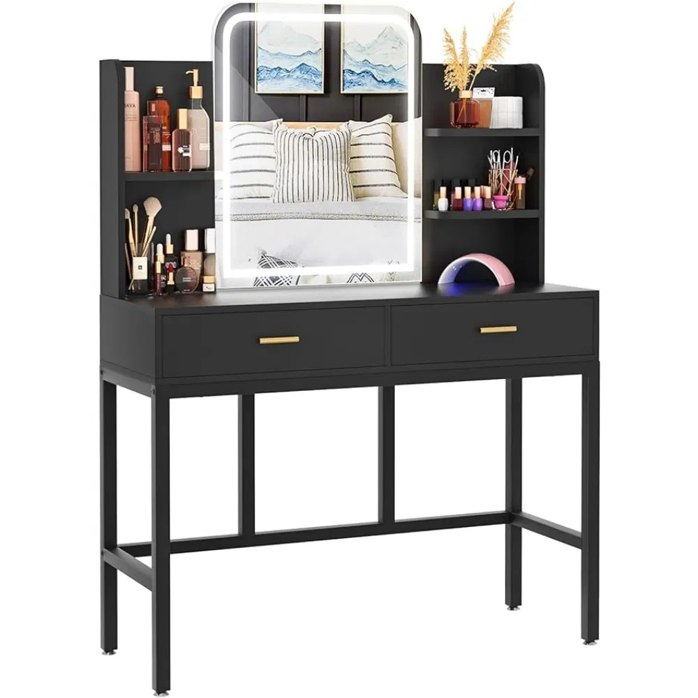 Simple Design Wood Dressing Table with Mirror and Padded Makeup Stool