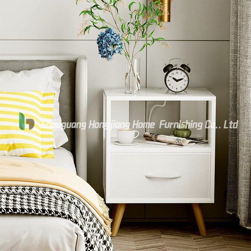 Minimalist White Wooden Nightstand with Hollow Backboard, Suitable for Bedroom &amp; Living Room