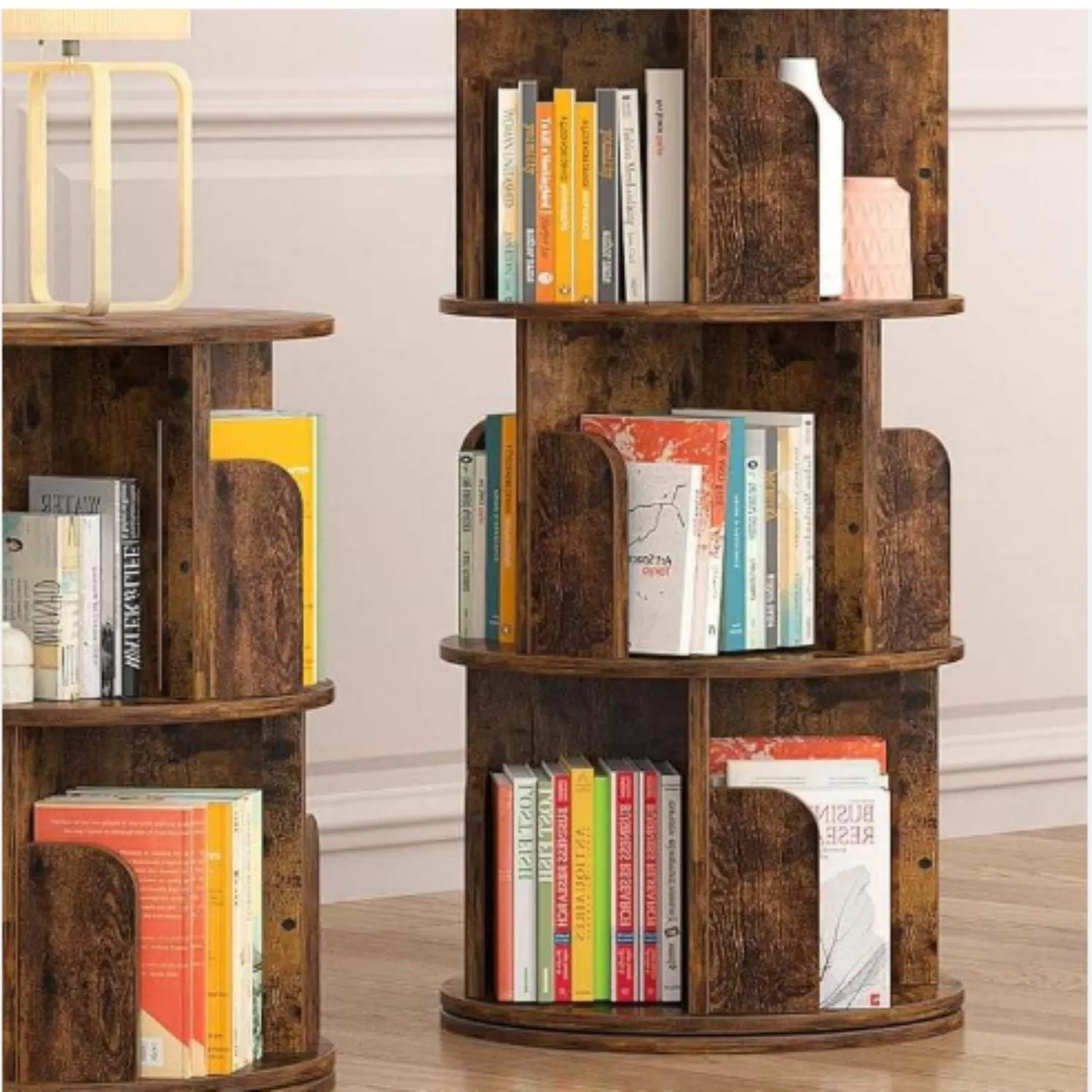 Wholesale Rotating Multi-Tier Cylindrical Wooden Bookcase Space-Saving Storage 360-Degree Display Shelf Modern Home Office Furniture