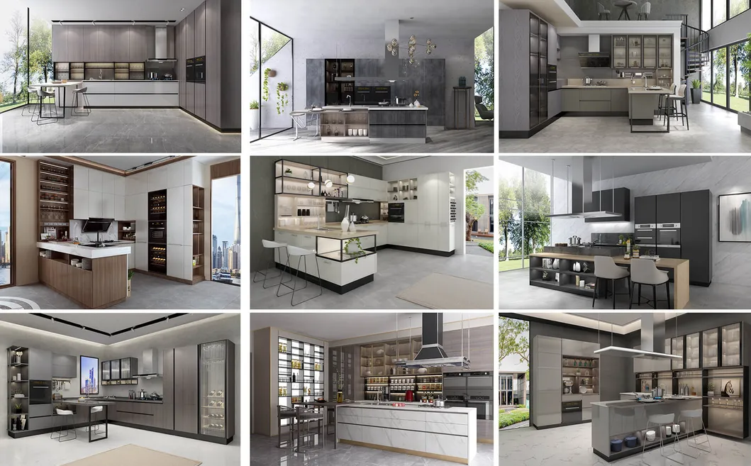 Muebles de cocina modulares de alta gama de madera europea, diseño de armarios de almacenamiento personalizados