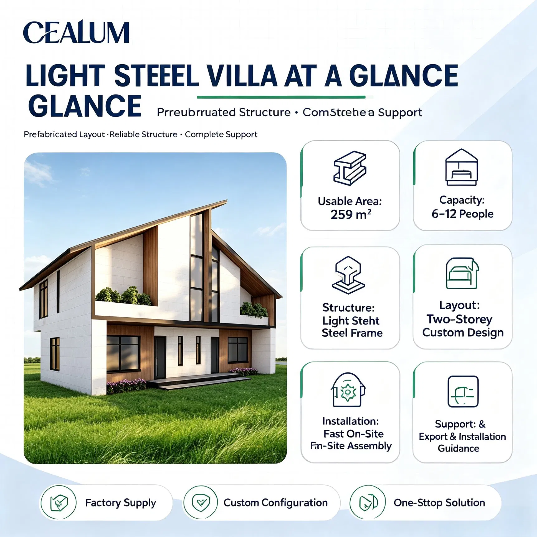 Villa Prefabricada de Estructura de Acero Ligero de Dos Pisos Cealum Custom, 259sq Amplia Casa Modular Prefabricada con Diseño Personalizado y Solución de Proyecto Llave en Mano