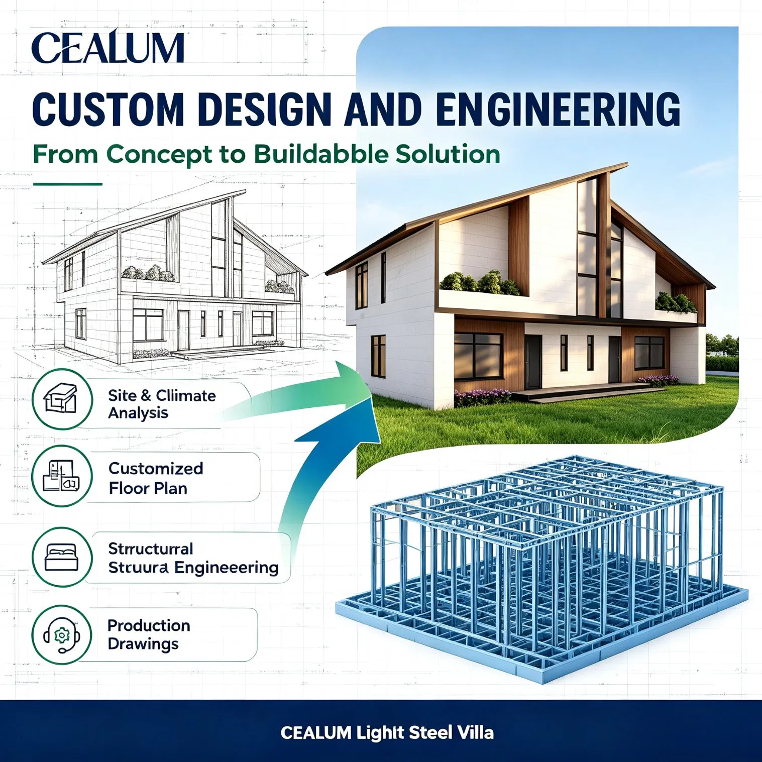 Villa Prefabricada de Estructura de Acero Ligero de Dos Pisos Cealum Custom, 259sq Amplia Casa Modular Prefabricada con Diseño Personalizado y Solución de Proyecto Llave en Mano