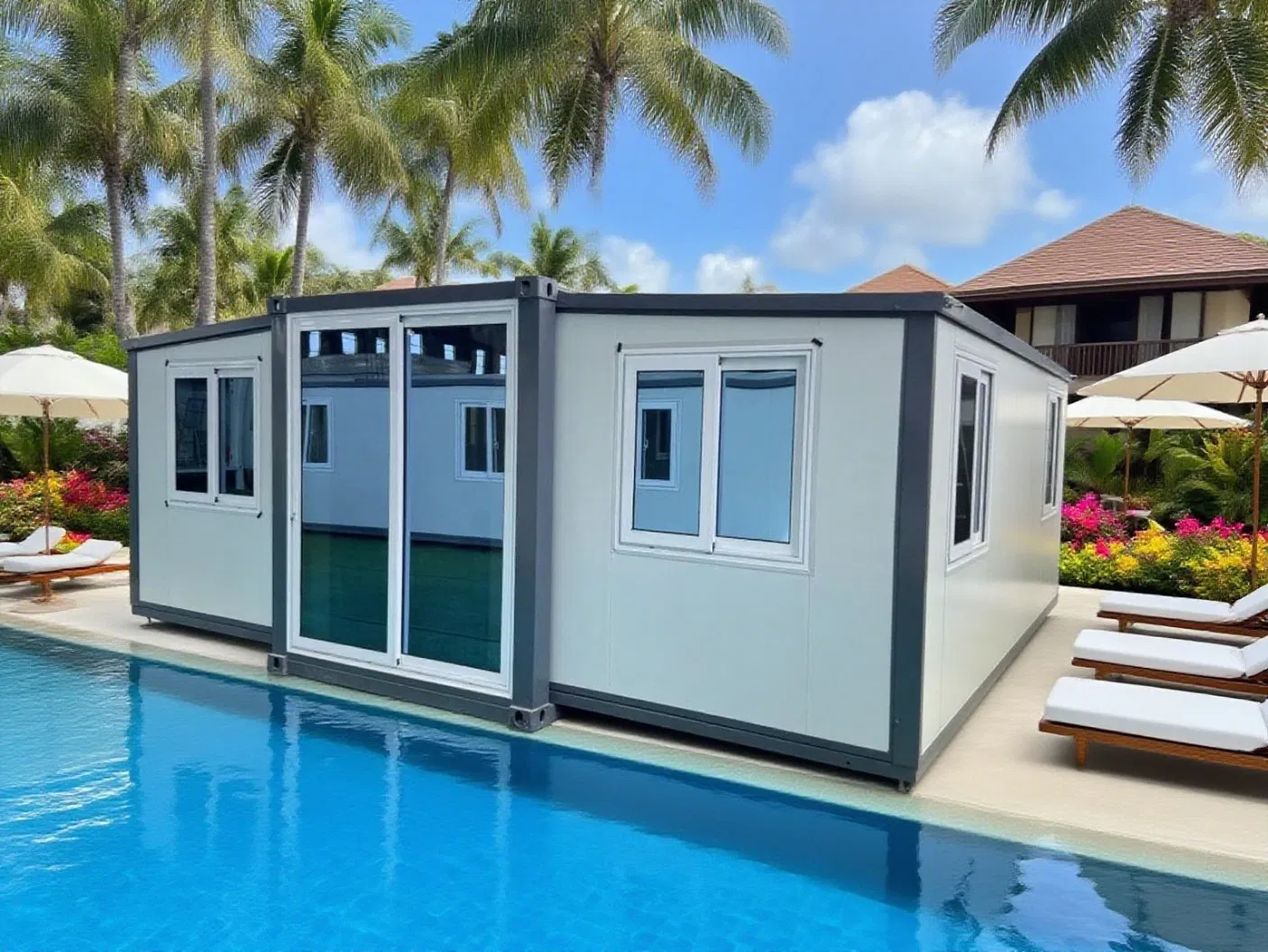 20FT Villa Prefabricada Expandible con Terraza Jardín Casa Móvil de Lujo para Vacaciones