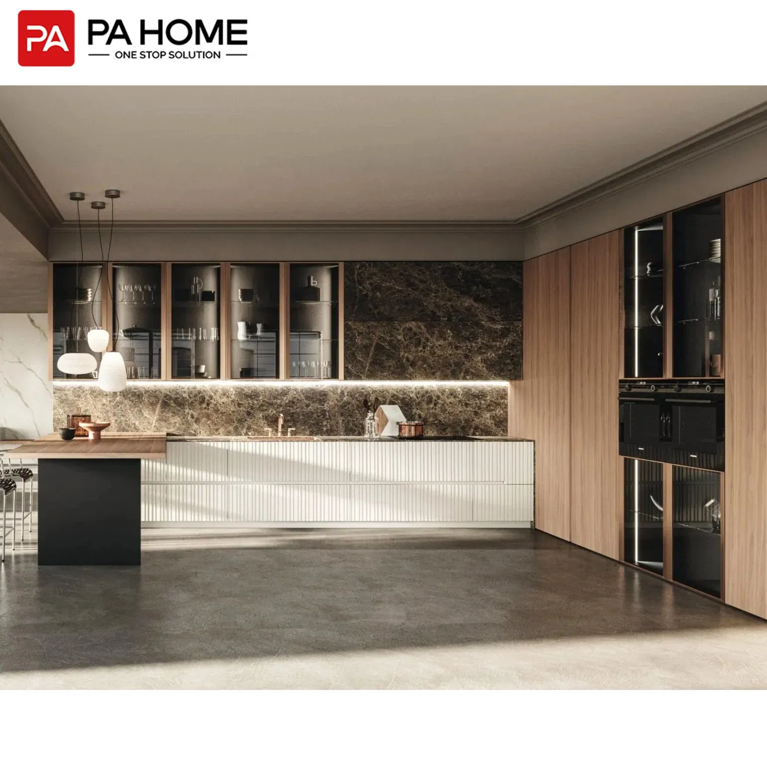 Muebles de cocina modulares de alta gama de madera europea, diseño de armarios de almacenamiento personalizados