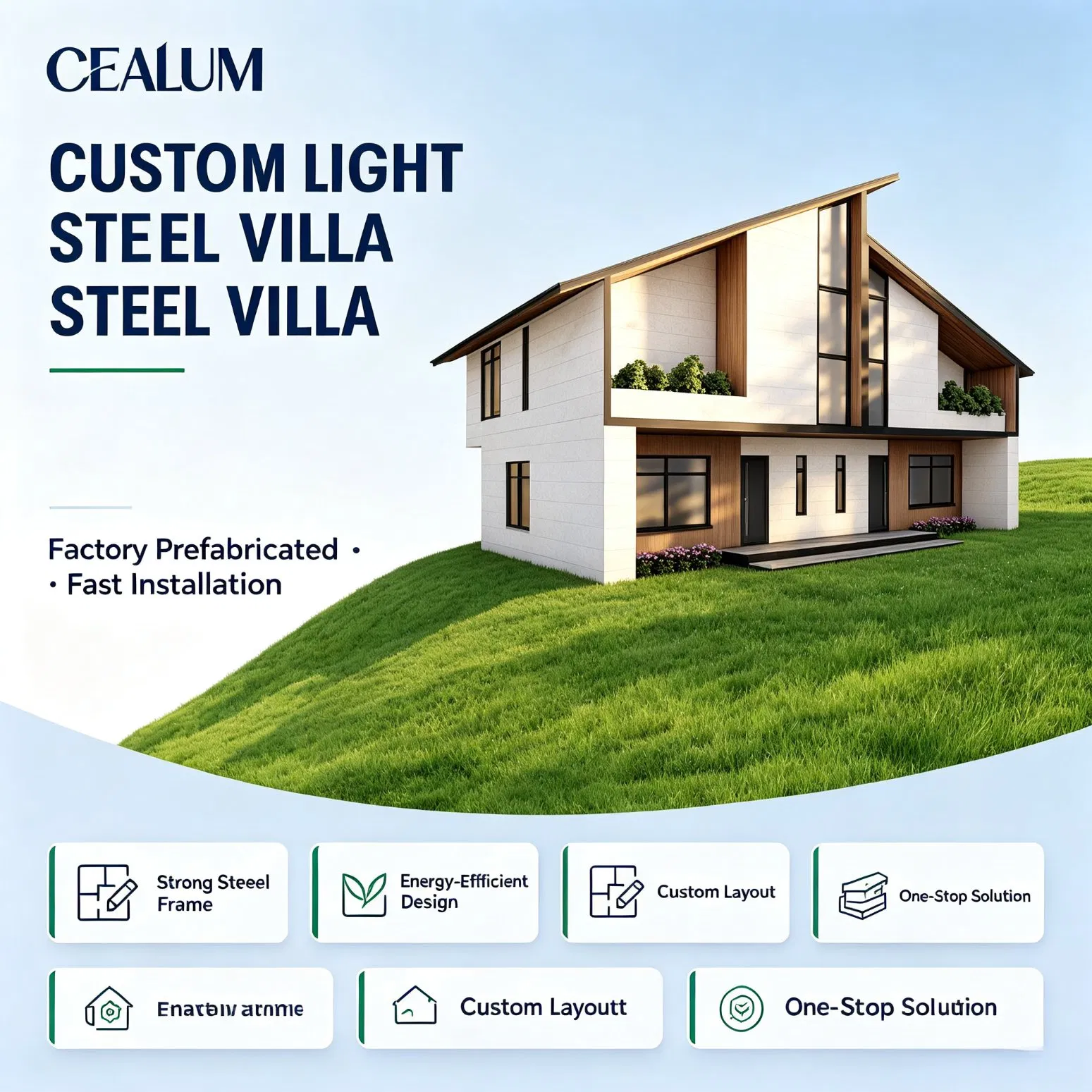 Villa Prefabricada de Estructura de Acero Ligero de Dos Pisos Cealum Custom, 259sq Amplia Casa Modular Prefabricada con Diseño Personalizado y Solución de Proyecto Llave en Mano