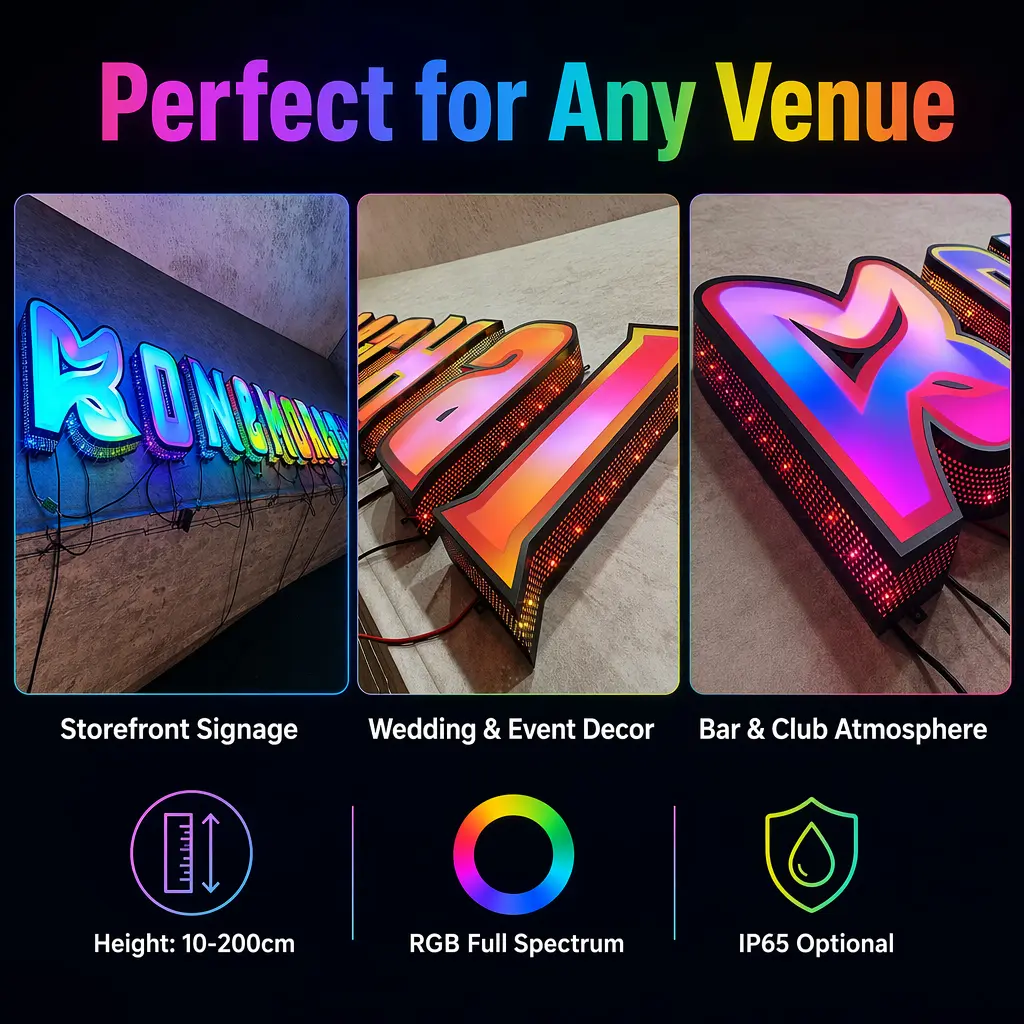 Custom Custom RGB Color-Changing Starlight Perforated LED Channel Letters – 3D Illuminated Signage for Storefront, Wedding & Event Decor Factory, Factories