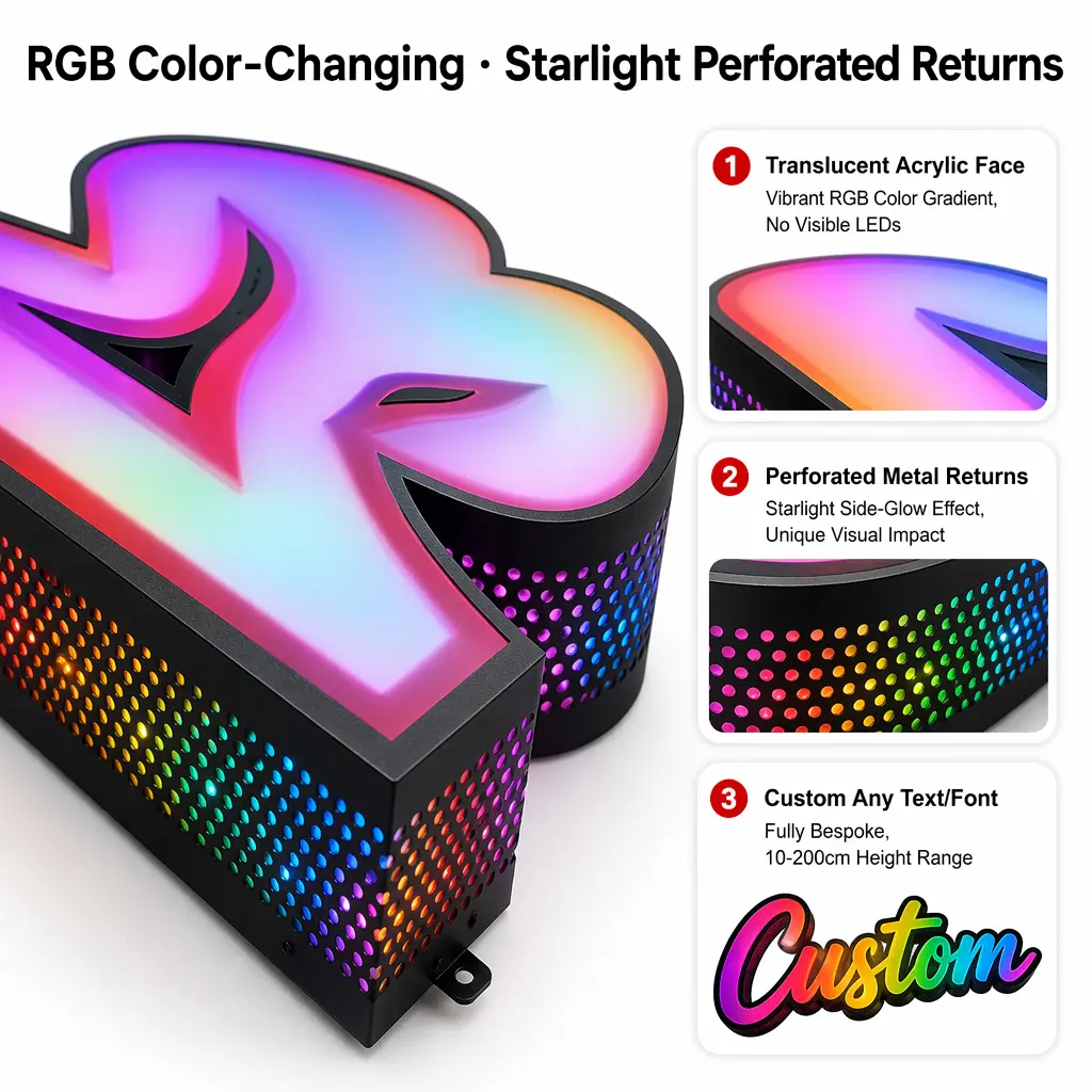 Custom Custom RGB Color-Changing Starlight Perforated LED Channel Letters – 3D Illuminated Signage for Storefront, Wedding & Event Decor Factory, Factories
