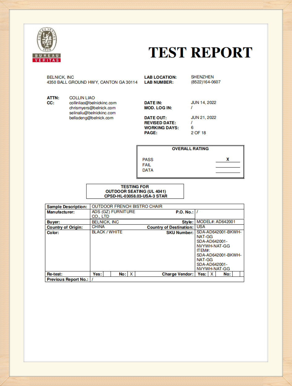 ADS Outdoor Furniture Product Safety and Quality Certification