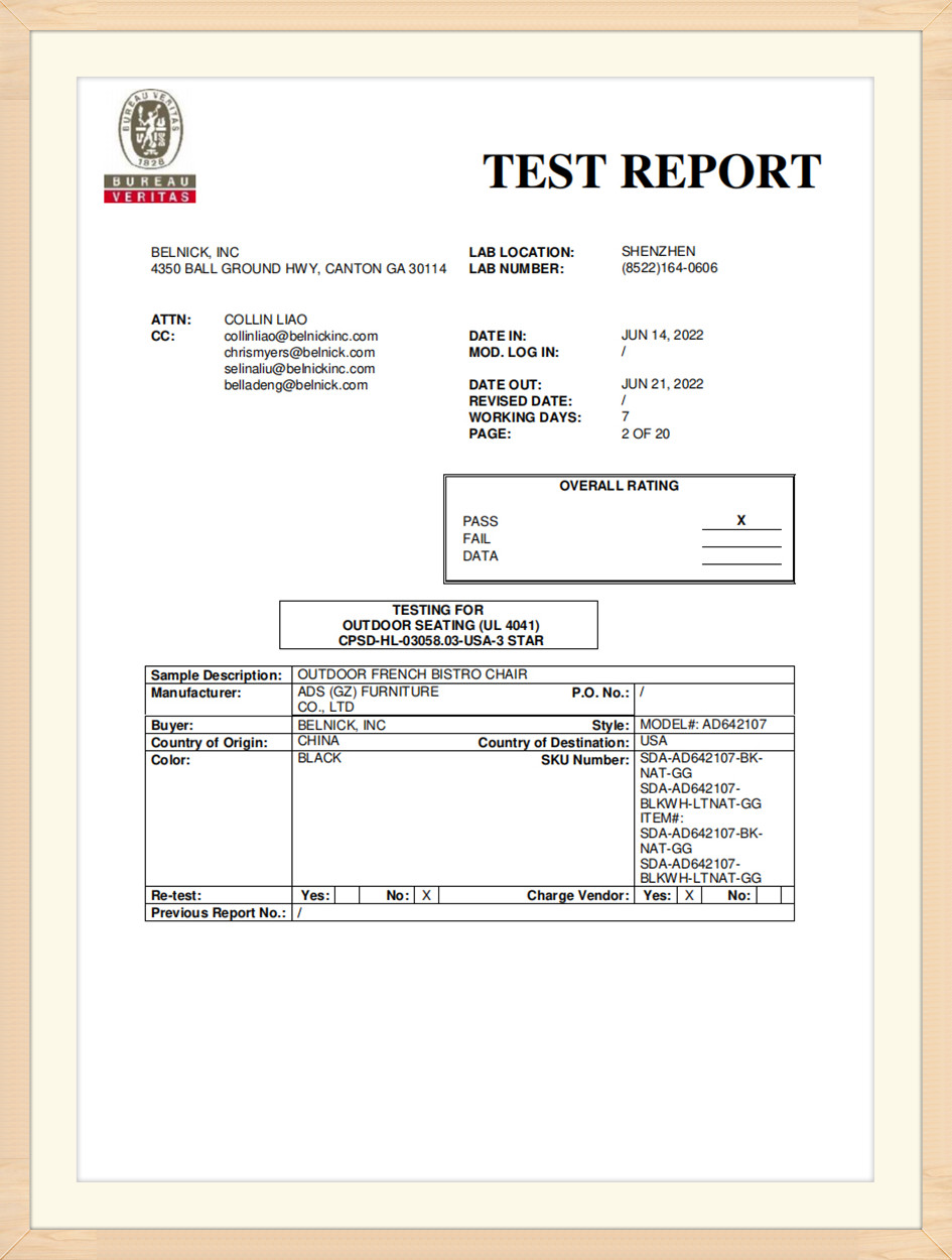 ADS Outdoor Furniture Export Quality Certification Document