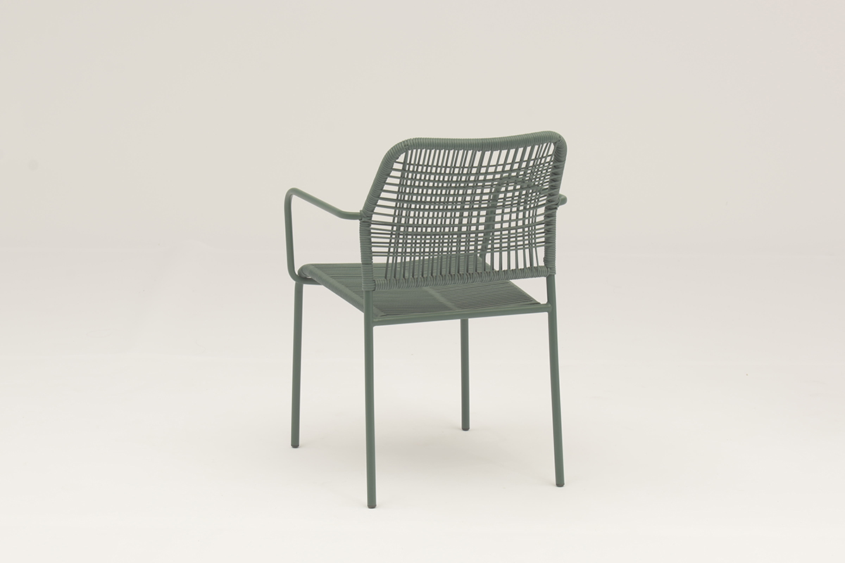 Outdoor dining stackable steel rattan bistro wicker chair detail