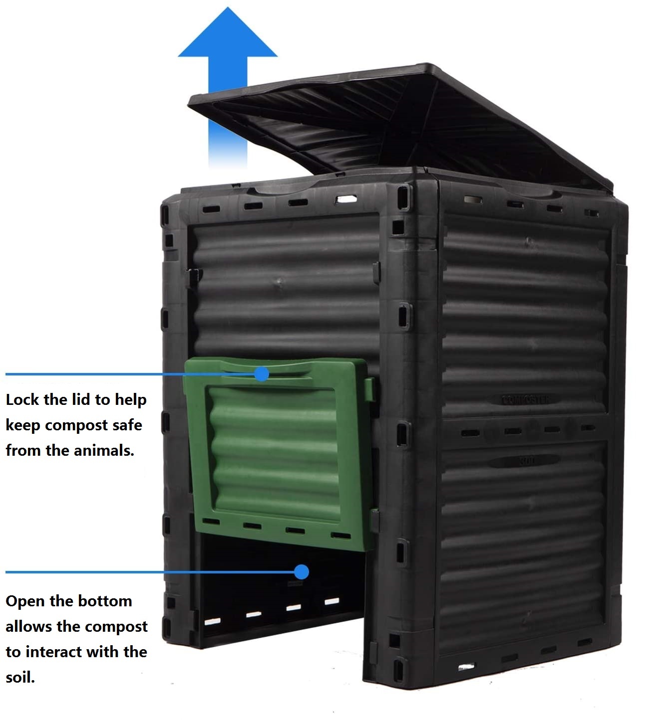 HUGELEAF All-season Eco-friendly PP 300L Modern Outdoor Dark Green+Black Garden Compost Bin with Sliding Door Easy Assembling
