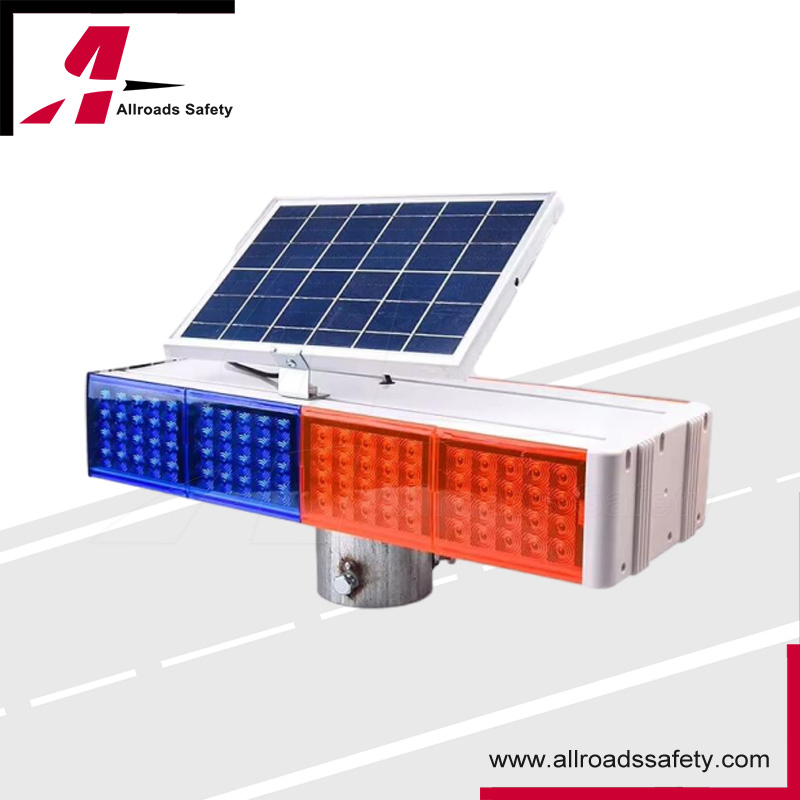 4-Sides Flashing Solar Powered Red &amp; Blue LED Road Traffic Control Warning Light (8 modules)