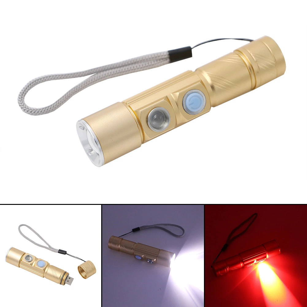 5 Modes 2* CREE Q5 LED Flashlight White/Red Color Built-in Rechargeable 16340 Battery USB Zoomable Signal Torch Light