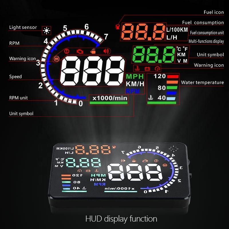 A8 5.5 Inch Large Hud New Update Car LED Windshield Speed Display Obdii Universal Car Head Display with 1 Year Warranty Hud