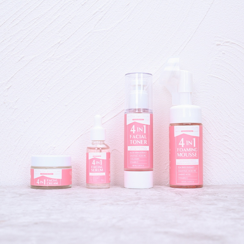 Natural Organic 4 in 1 Skin Care Set Vitamin C Serum Acne Cream Cleansing Face Mousse Skin Hydrating Toner Spray Facial Set