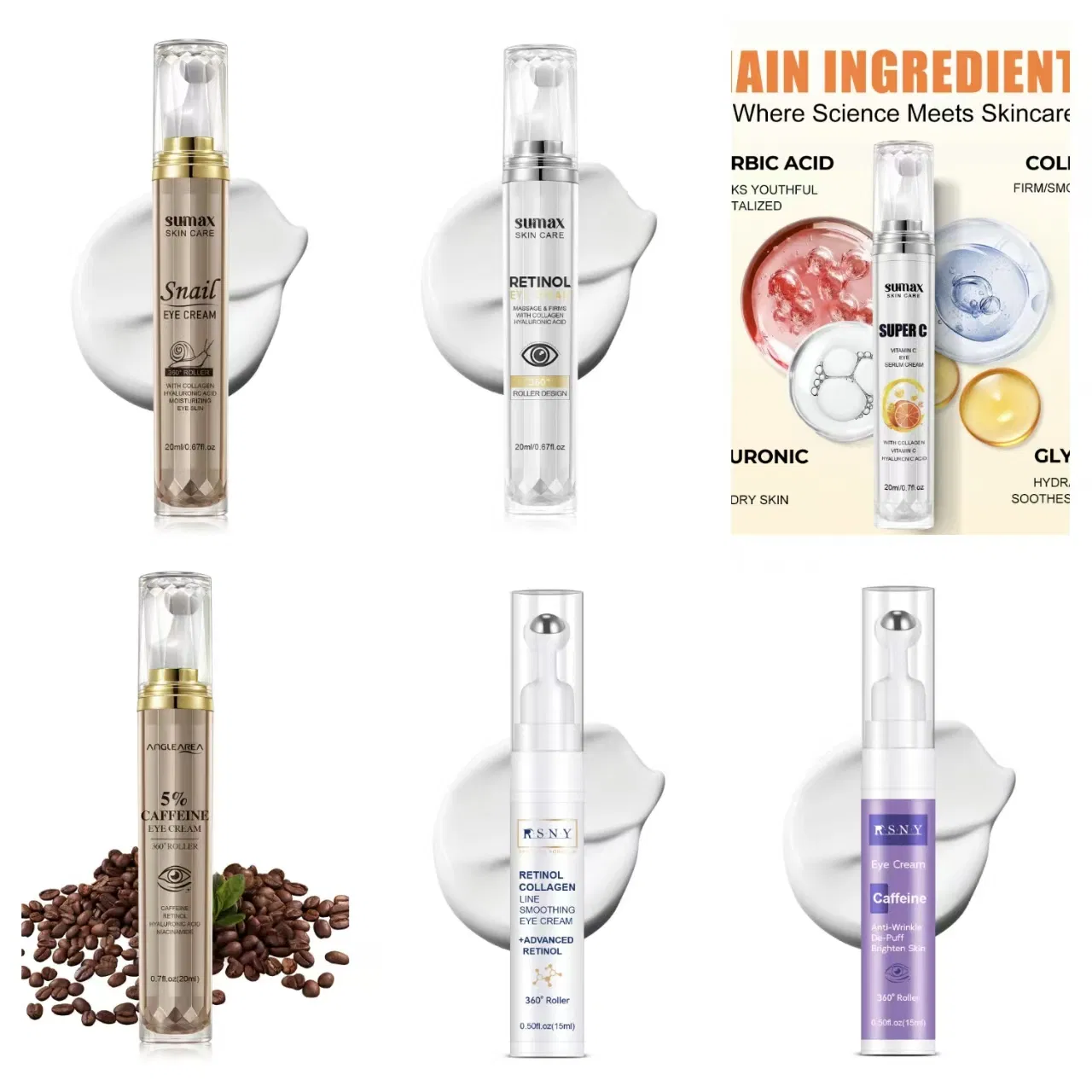 Online Wholesale and Retail 20ml Eye Cream Roll Ball Tube Cosmetic Care for Eye Skin Reduce Wrinkle 360 Roller Massage Eye Cream Serum