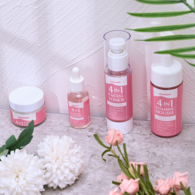 Natural Organic 4 in 1 Skin Care Set Vitamin C Serum Acne Cream Cleansing Face Mousse Skin Hydrating Toner Spray Facial Set