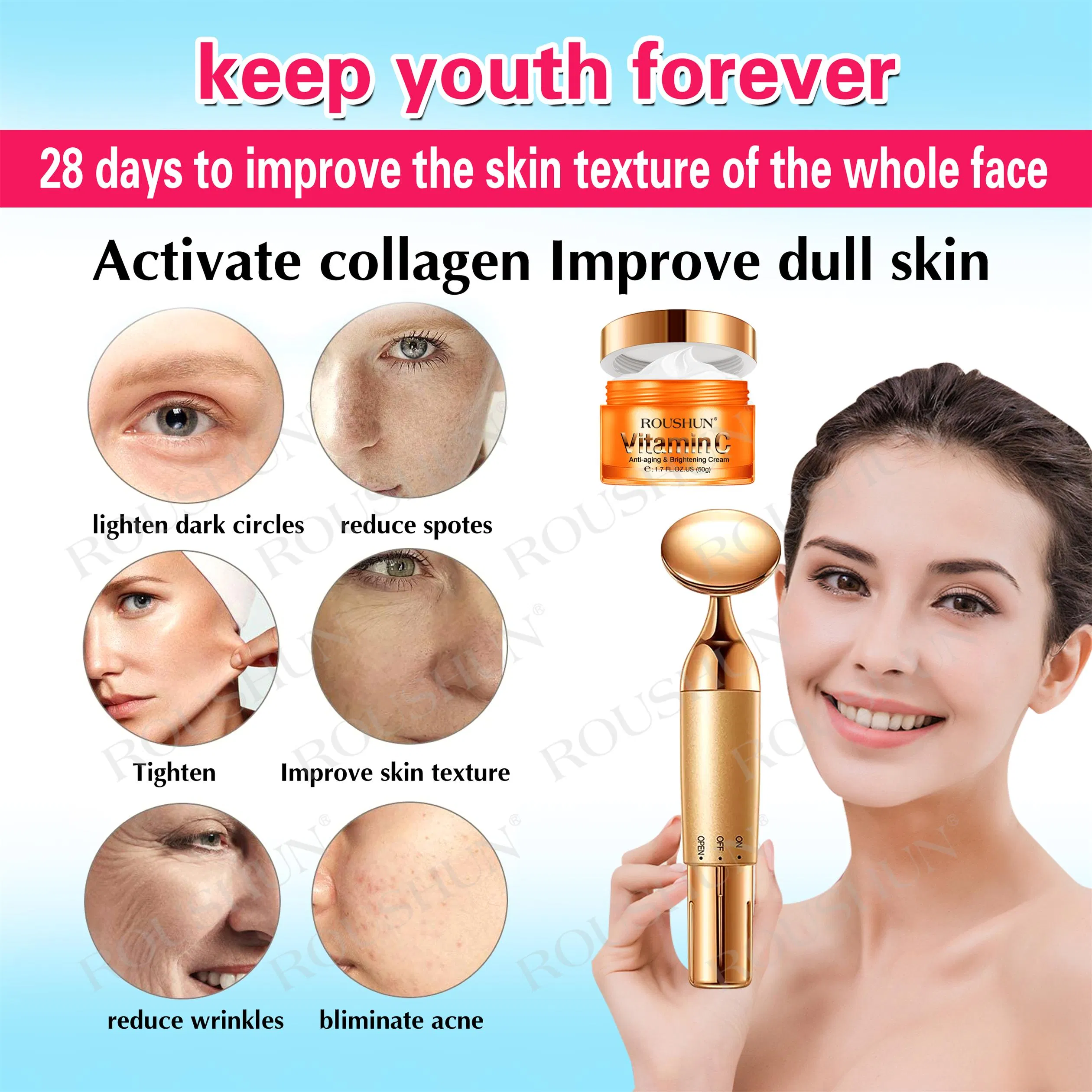 Roushun Private Label Acceptable Anti-Aging and Brightening Beauty Skin Care Kit Facial Care Set with Massager