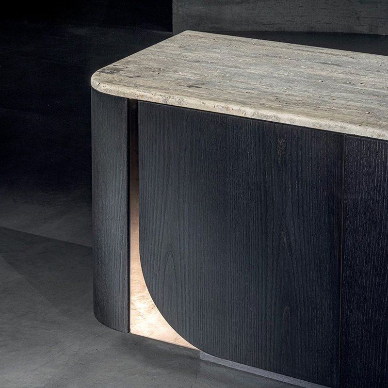 Luxury Curved Dark Wood Stone Top Sideboard Modern Living Room Furniture