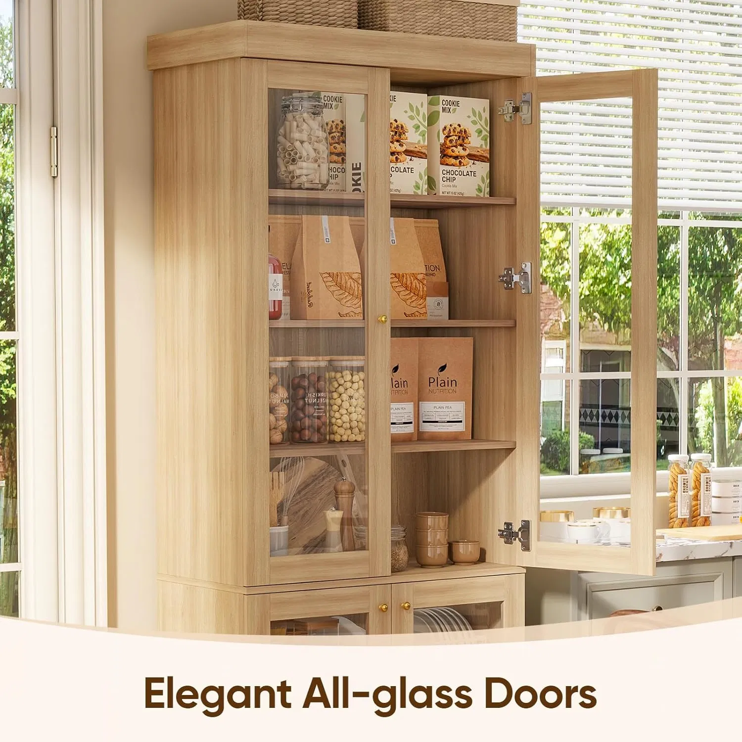 Farmhouse Large Storage Cabinet Display Bookcase with Glass Doors and Shelves