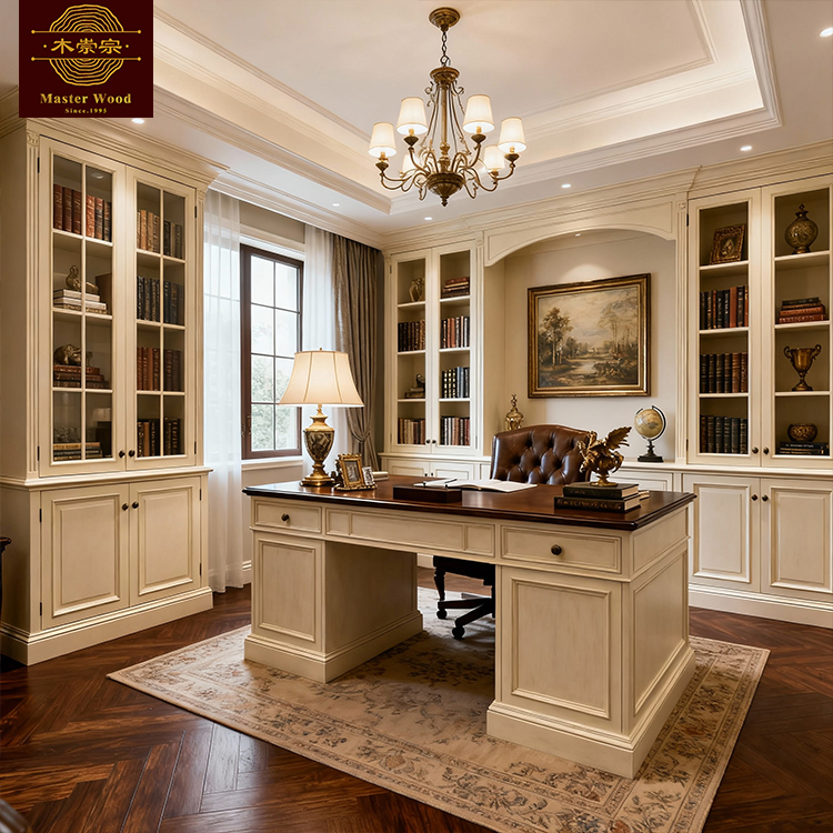 Custom Dark Walnut Solid Wooden Vintage Luxury with Carved Top, Glass Door &amp; Open Shelves Cabinet Storage for Study Room Whole House Customization - Bookcase