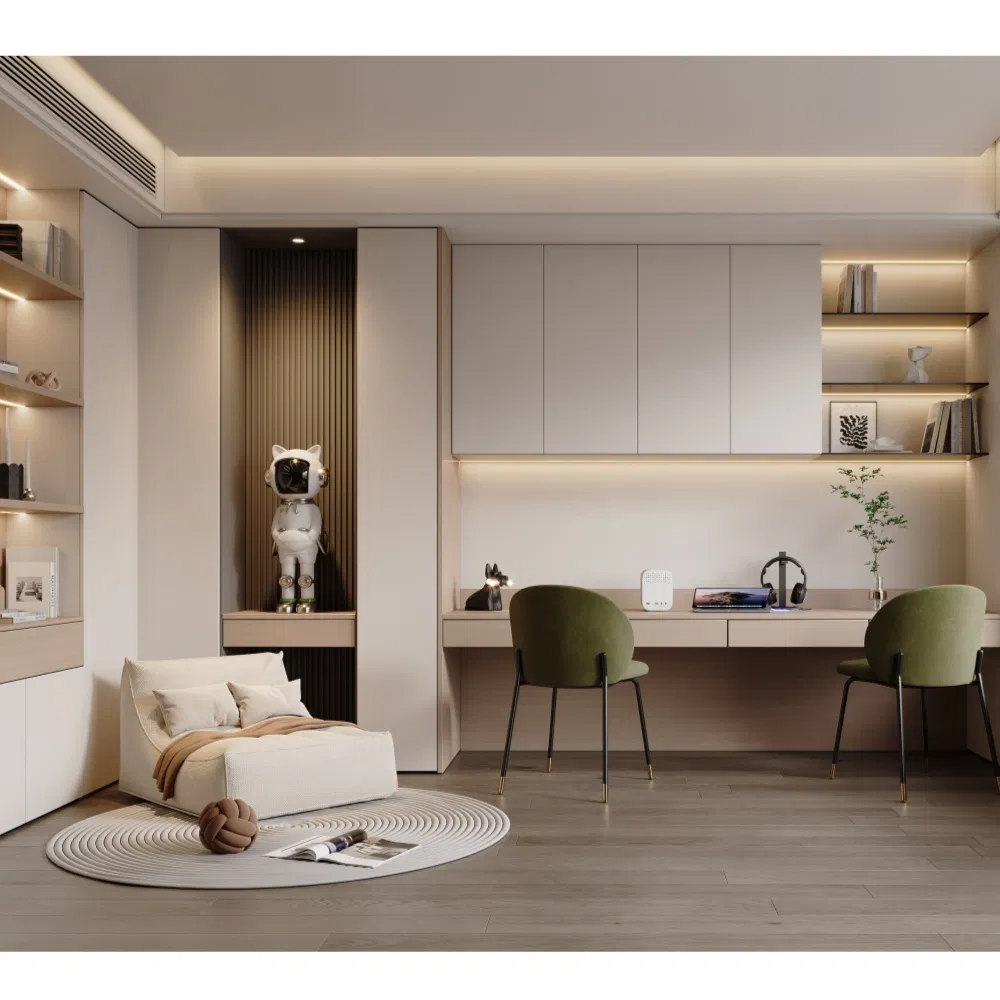 Modern White Study Room Pet Door Panel Bookcase Glass Door LED Light Strip