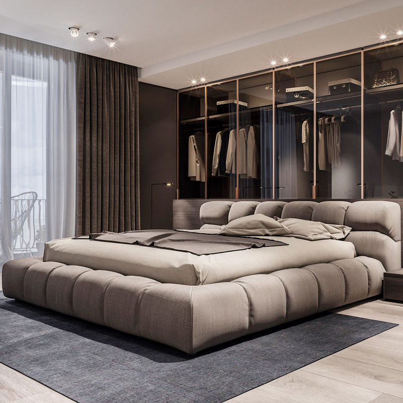 Upholstered Platform Bed Base Modern Hotel Linen Fabric Carton Storage Soft Bed Bedroom Slipcovered Tatami Tuffed Low King Size