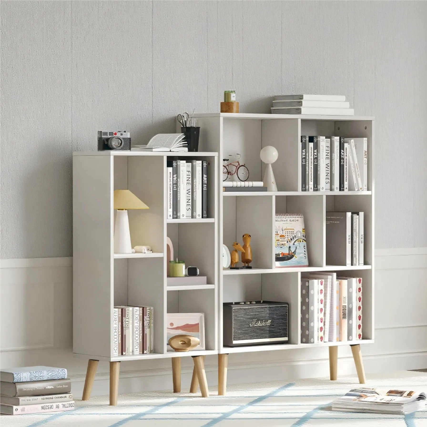 Wooden Display Open Storage Shelves Bookcase Boo Square White Frame 3 Tiers Back Leaning Bookshelf
