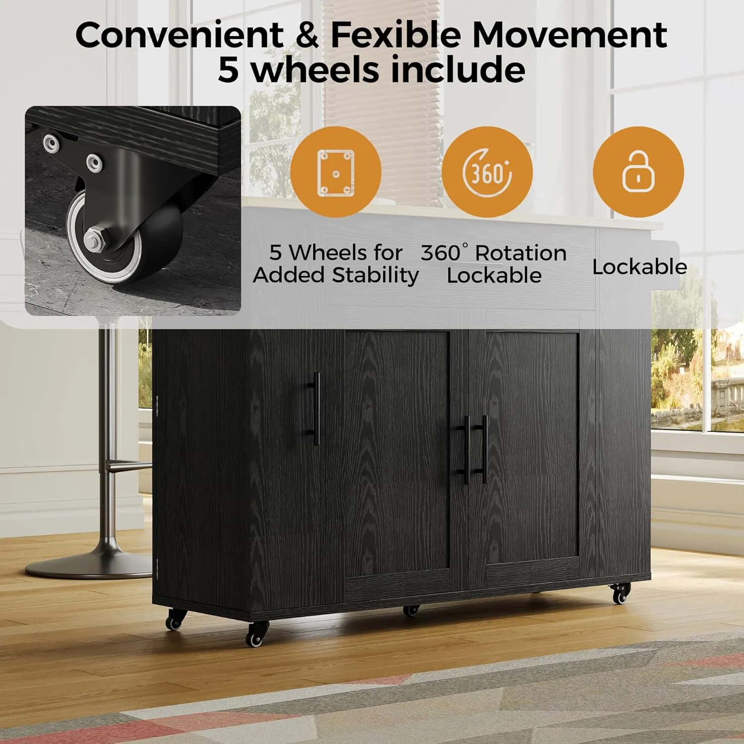 Rolling Coffee Bar Station Serving Cart Black Finish with Gold Accents and Side Storage Shelves Kitchen Island