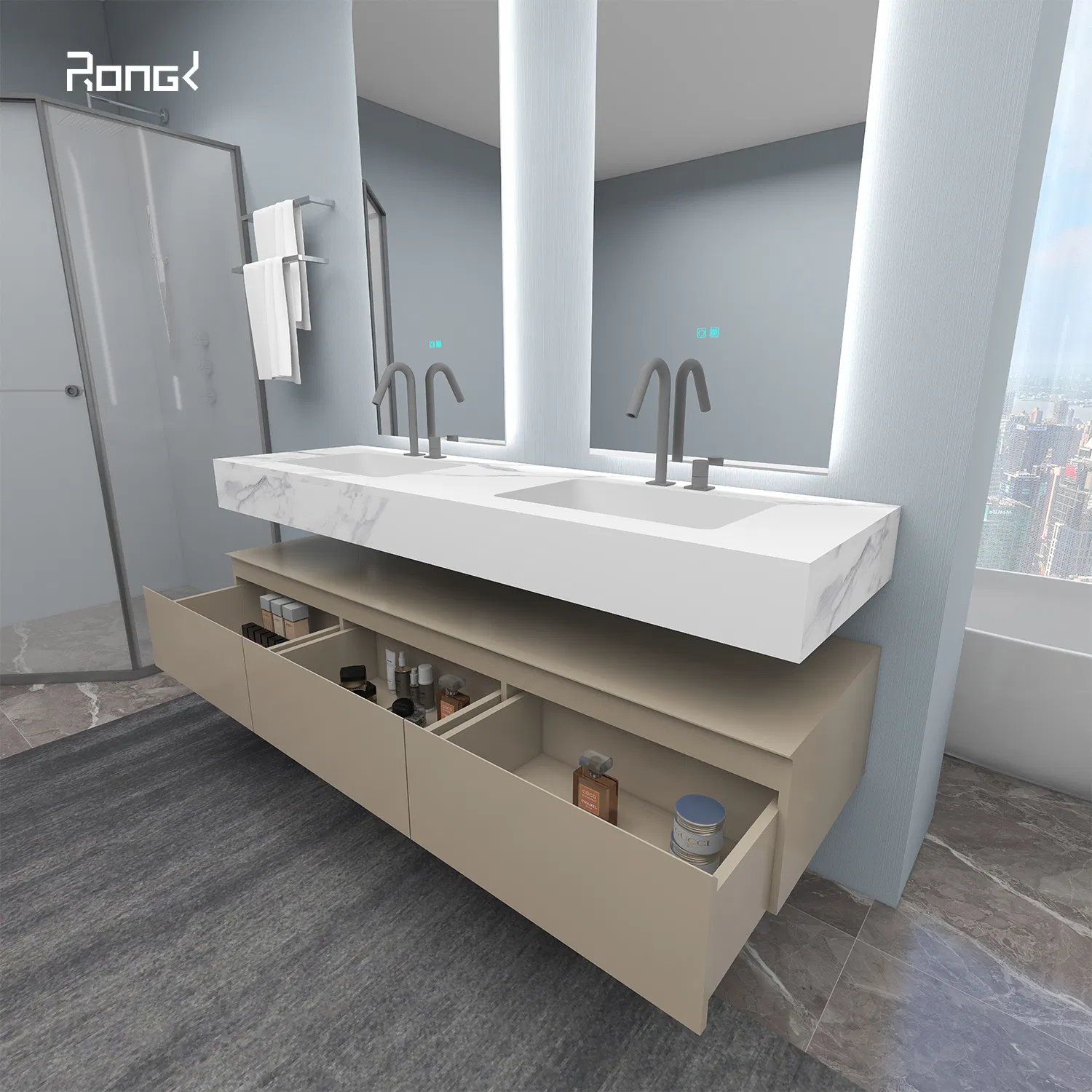 Wholesale Hotel Design Modern Wall Mounted Cabinet Furniture Ceramic Basin LED Mirror Bathroom Vanity Customized High Quality Sanitary Vanity Set