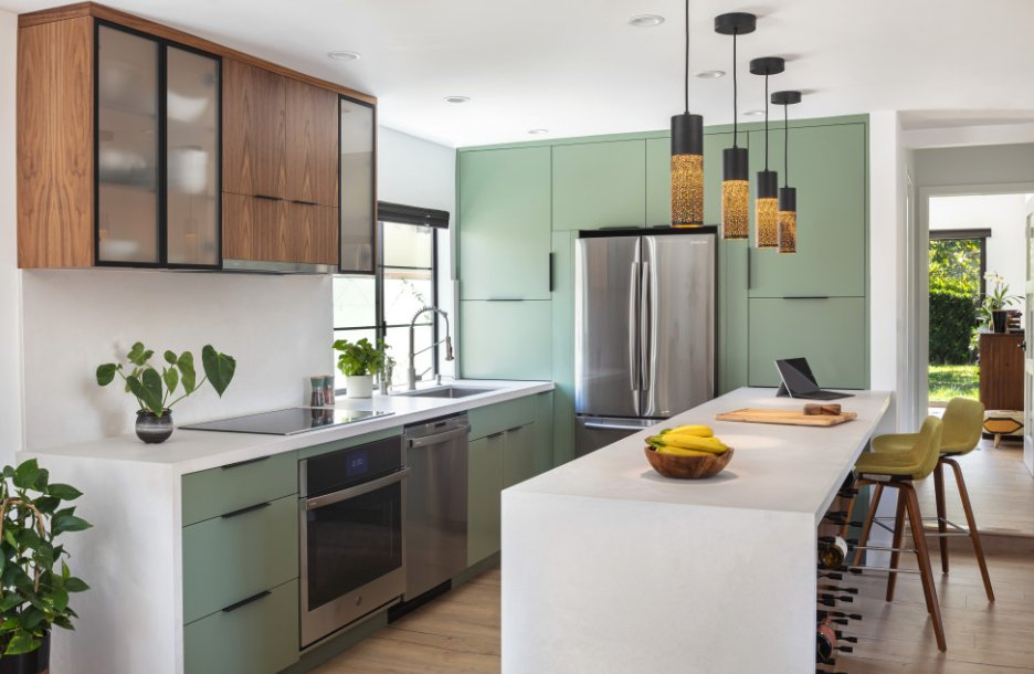 Popular Green with Wood Wall Glass Hood Cupboard Storage Wine Rack Kitchen Island.