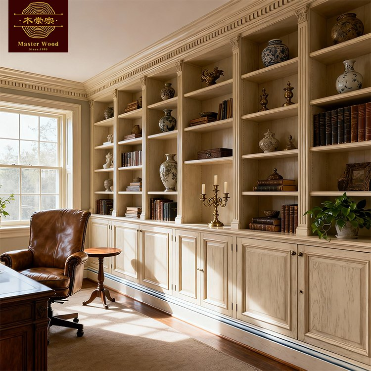 Custom Dark Walnut Solid Wooden Vintage Luxury with Carved Top, Glass Door &amp; Open Shelves Cabinet Storage for Study Room Whole House Customization - Bookcase