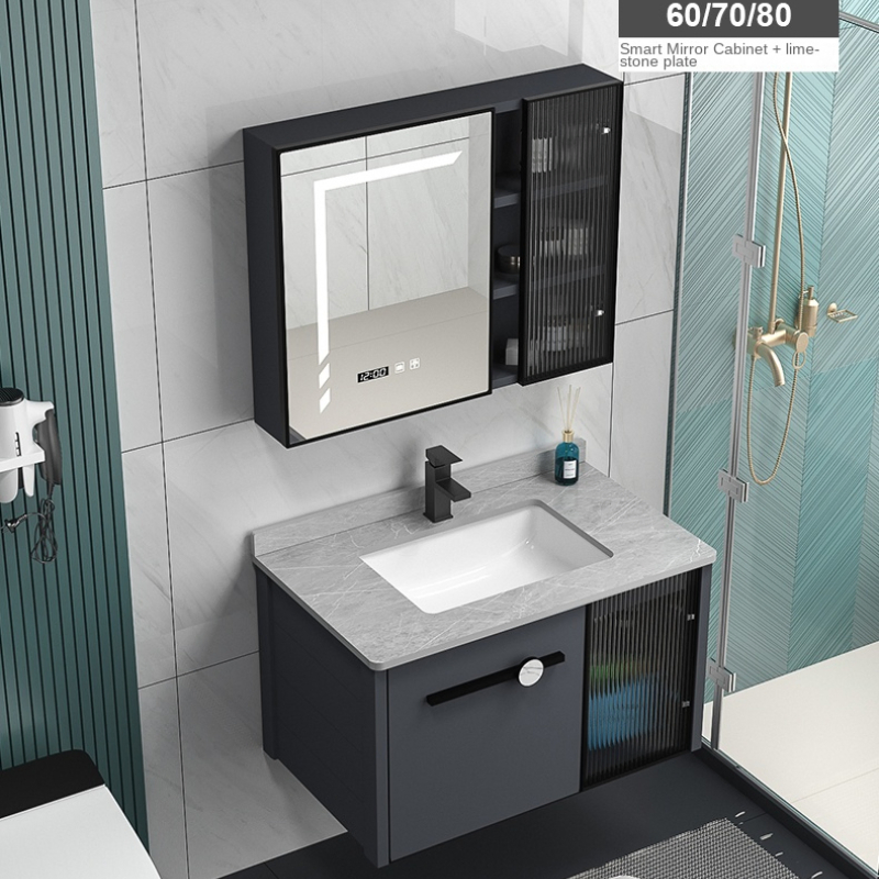 China Wholesale Sanitary Ware Rock Slab Multi Layer Solid Surface Wash Sink Bathroom Vanity Wash Basin Cabinet with LED Mirror