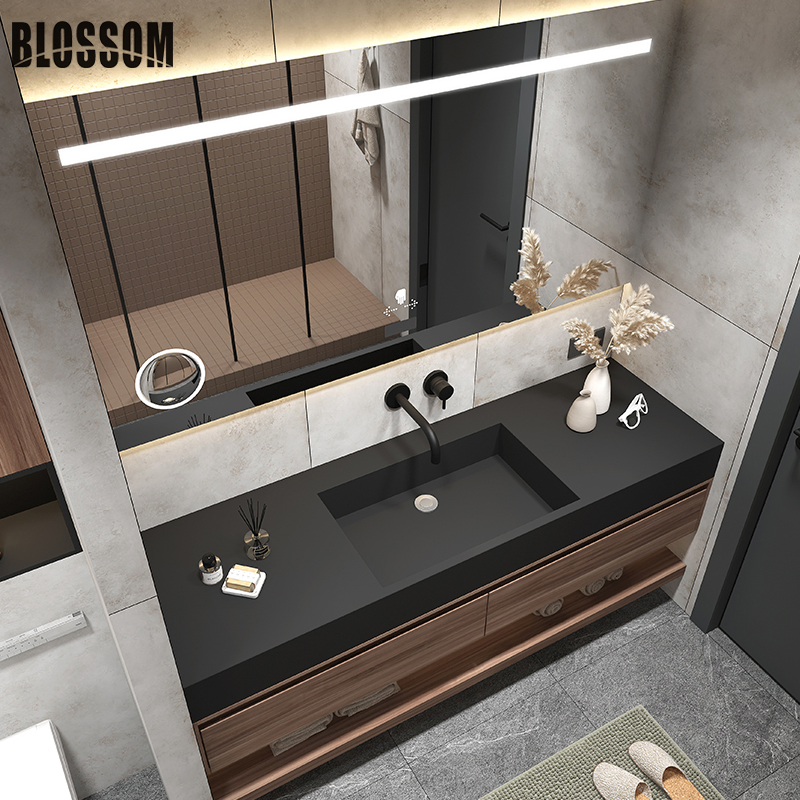 Modern Freestanding Vanity with Wooden Sintered Stone Sink Cabinet and Mirror
