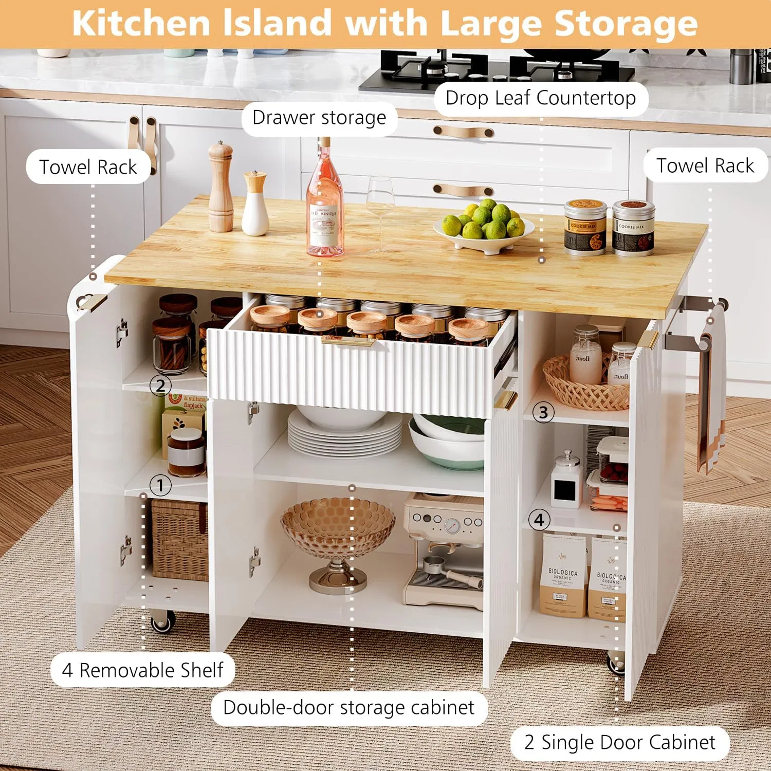 Modern White Kitchen Island Cart with Wheels and Storage Wooden Top Mobile Kitchen Cart
