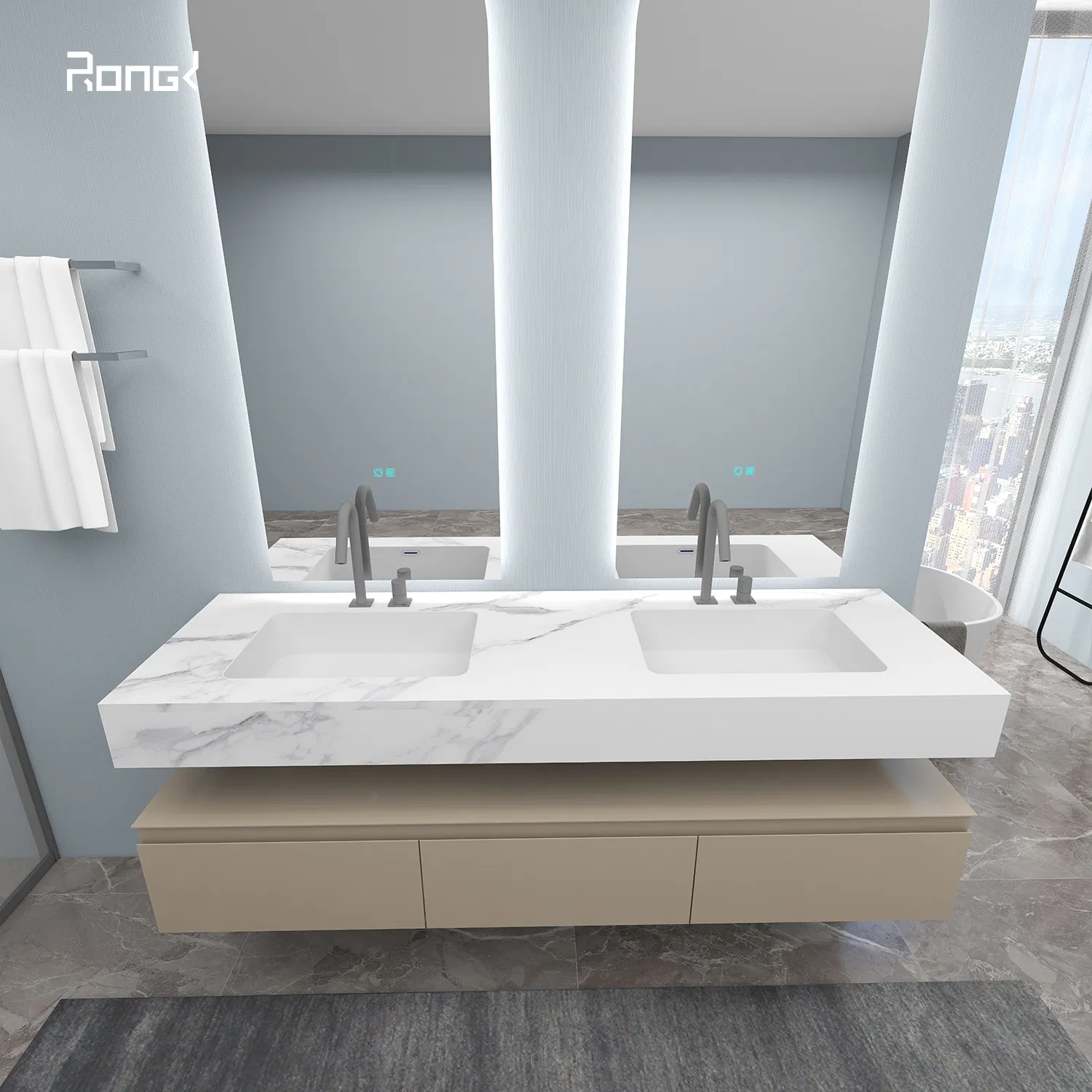 Wholesale Hotel Design Modern Wall Mounted Cabinet Furniture Ceramic Basin LED Mirror Bathroom Vanity Customized High Quality Sanitary Vanity Set