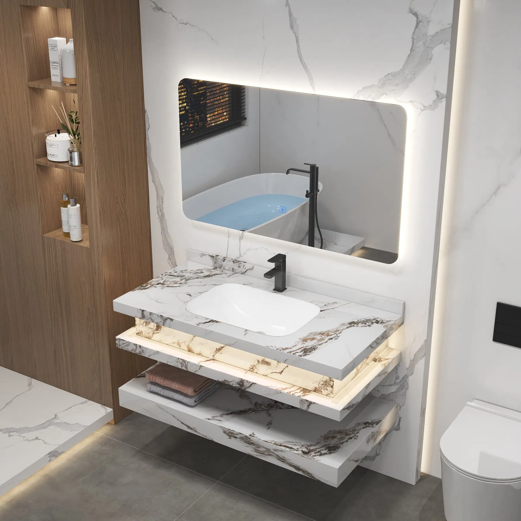 Modern Popular Design Rock Plate Mirror Sink Bath Cabinets Floating Bathroom Vanity