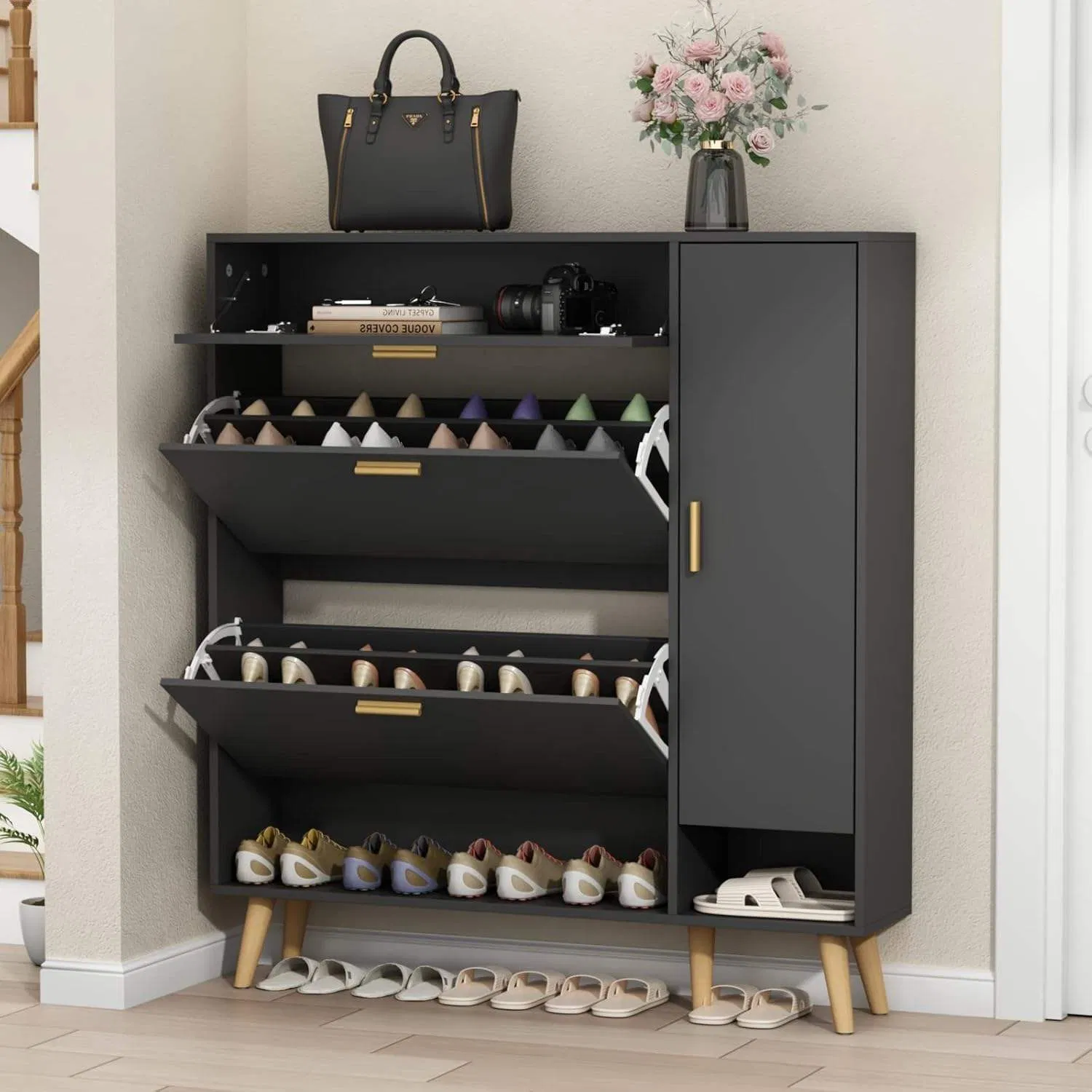 European Modern Shoe Cabinet - Elegant Wooden Shoe Rack with 4 Drawers