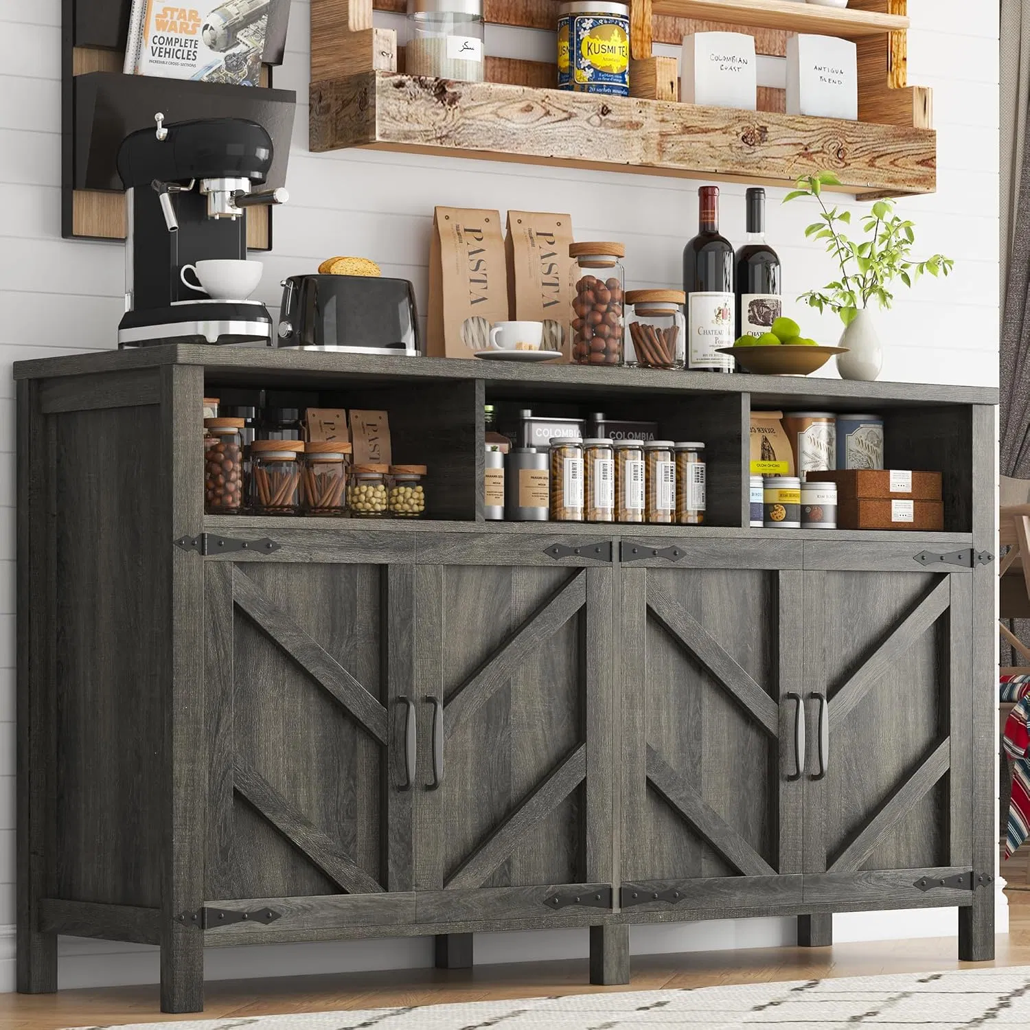 Dining Room Storage Sideboard with Adjustable RGB Lights, Built-in Charging Station and Barn Doors