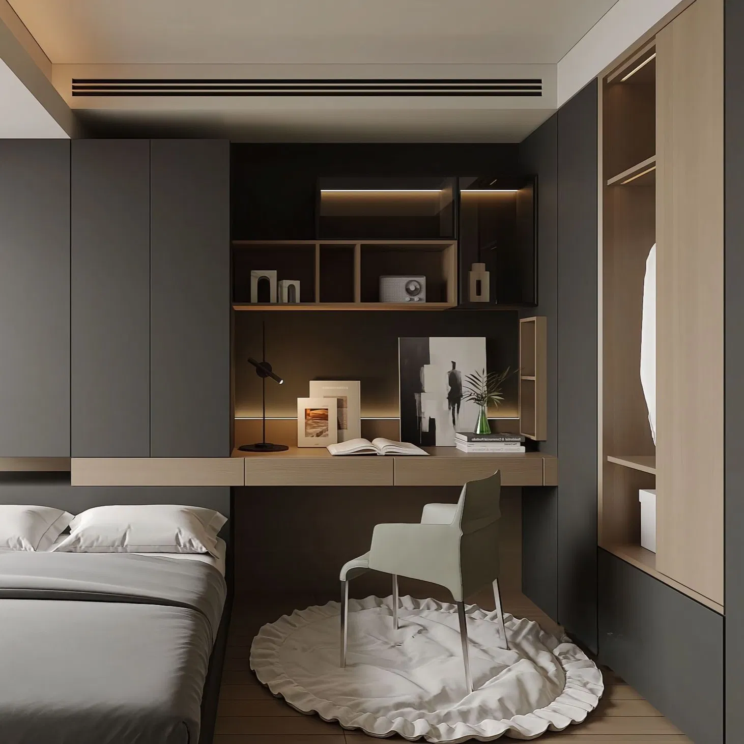 Modern Log Style Green Children's Room, Comfortable Large-Capacity Storage Space, Custom-Designed Wooden Tatami Bed