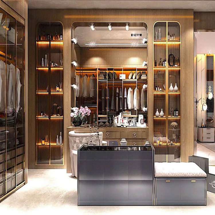 Customized Built in Storage Closets Furniture Systems Design Modern Bedroom Aluminum Frame Glass Door Walkin Wardrobe Closet Set for Sale