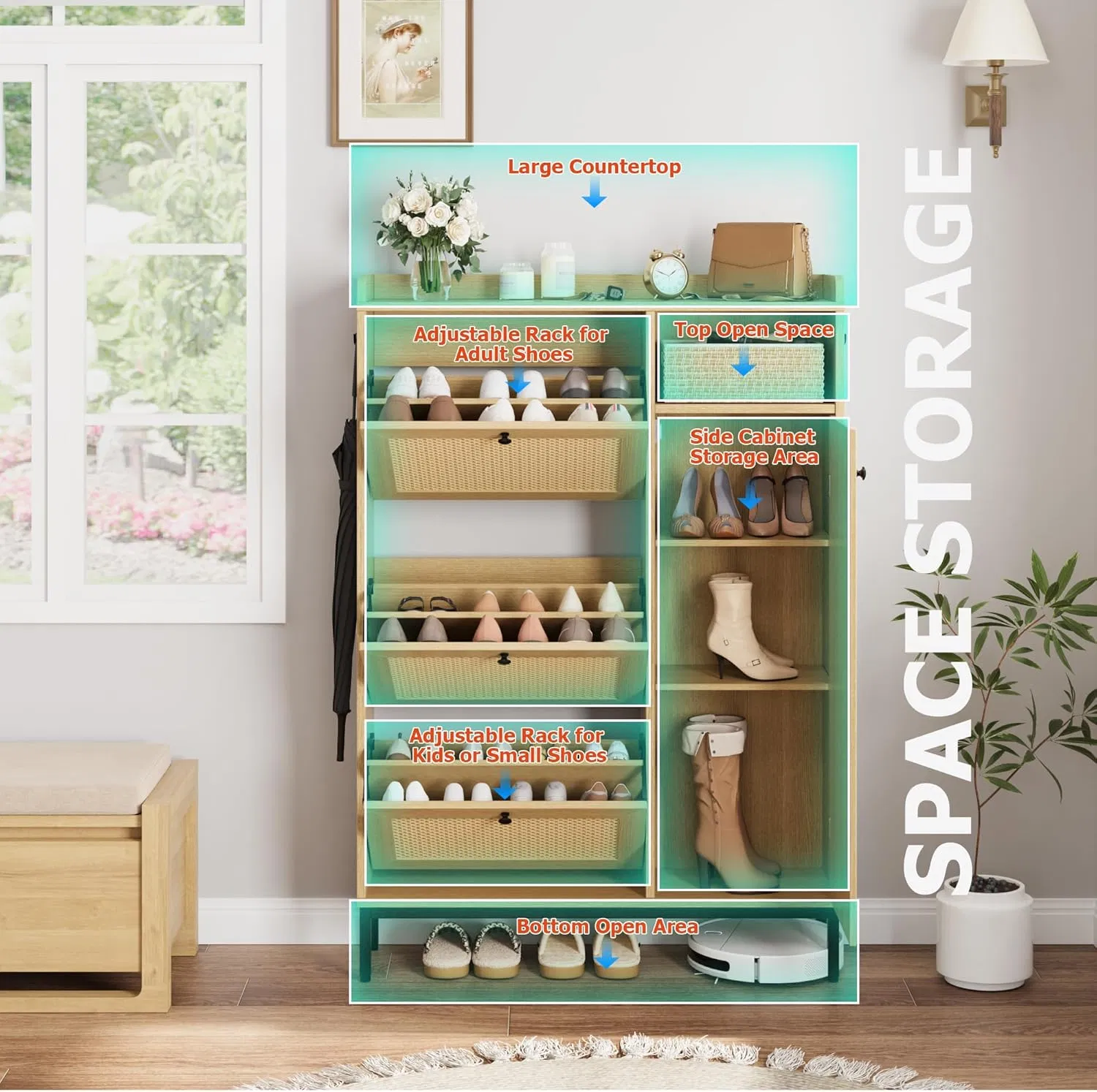 Shoe Cabinet Rattan with 3 Flip Drawer-Freestanding Shoe Organizer with Shelves