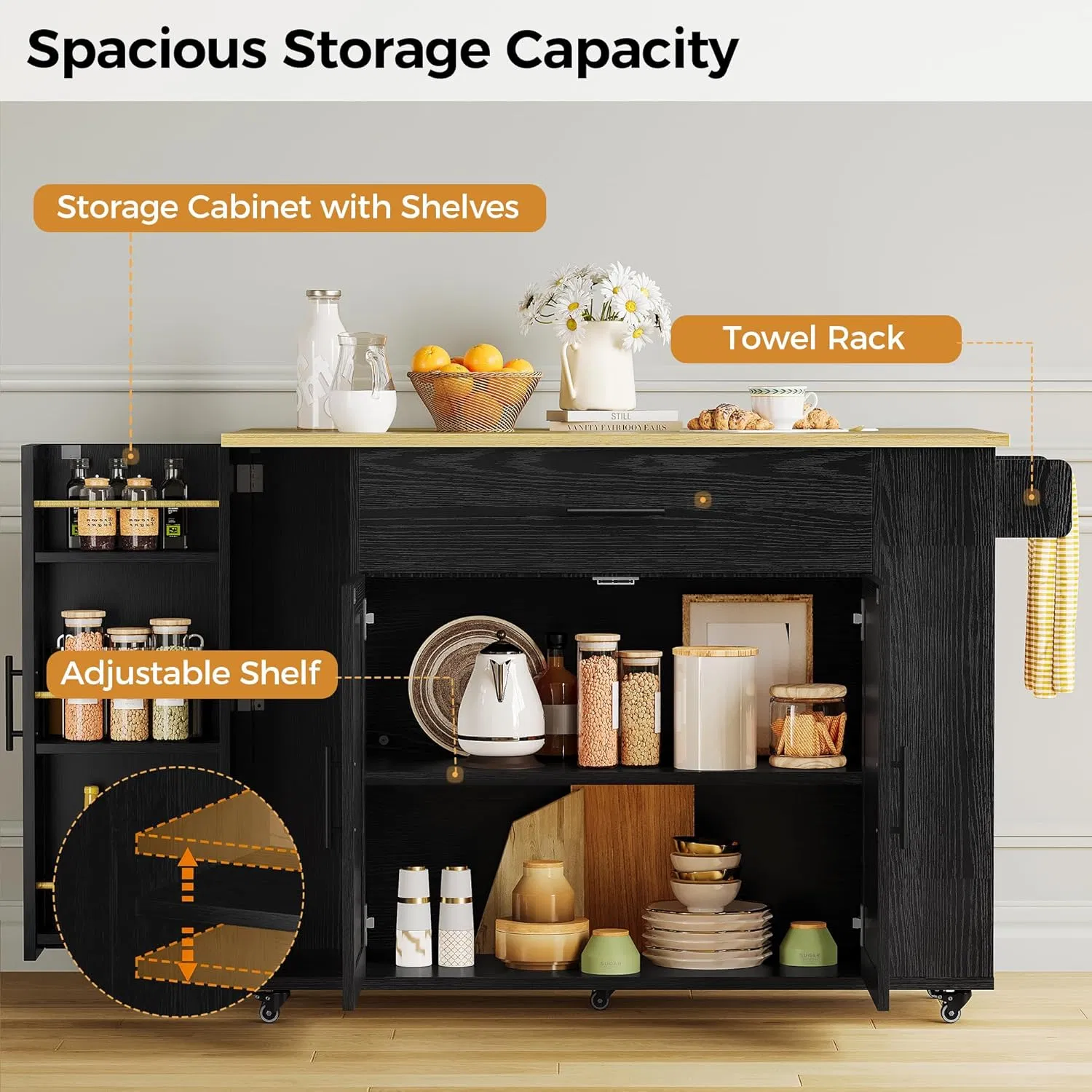 Rolling Coffee Bar Station Serving Cart Black Finish with Gold Accents and Side Storage Shelves Kitchen Island