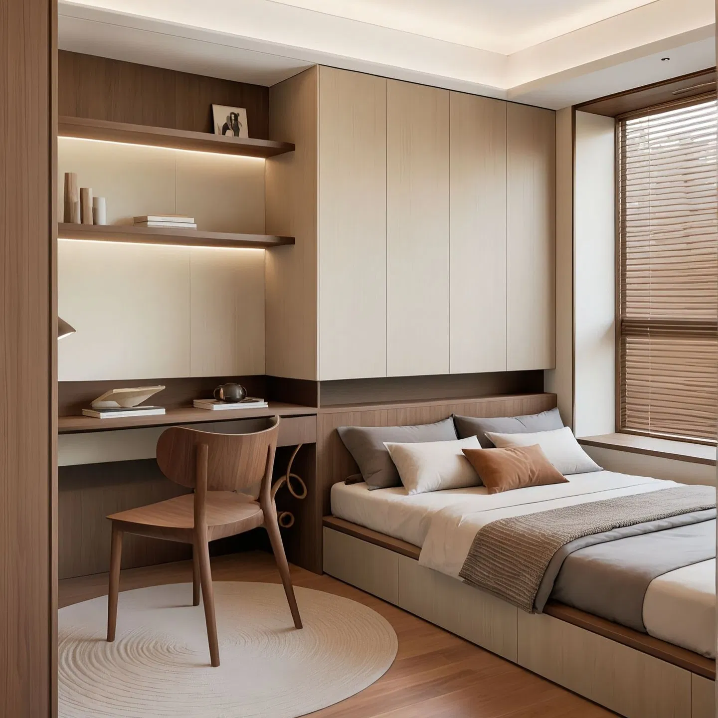 Light Coffee Color, Large-Capacity Storage Space with a Sense of Design, Customized Wooden Tatami Bed