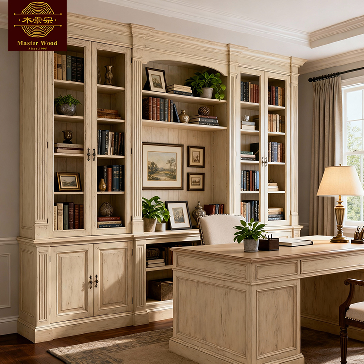 Whole House Customization Antique-Inspired Wall-Mounted with Closed Cabinet &amp; Open Shelves Functional Storage for Luxury Home Office - Bookcase