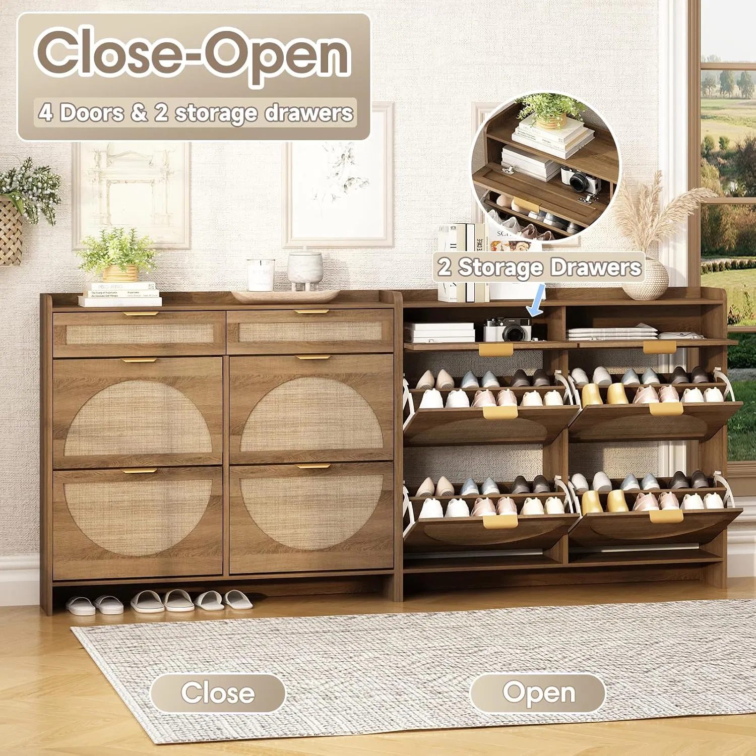 Modern Dark Wood Shoe Cabinet with Flip-Top Compartment and Woven Textured Doors for Efficient Home Storage