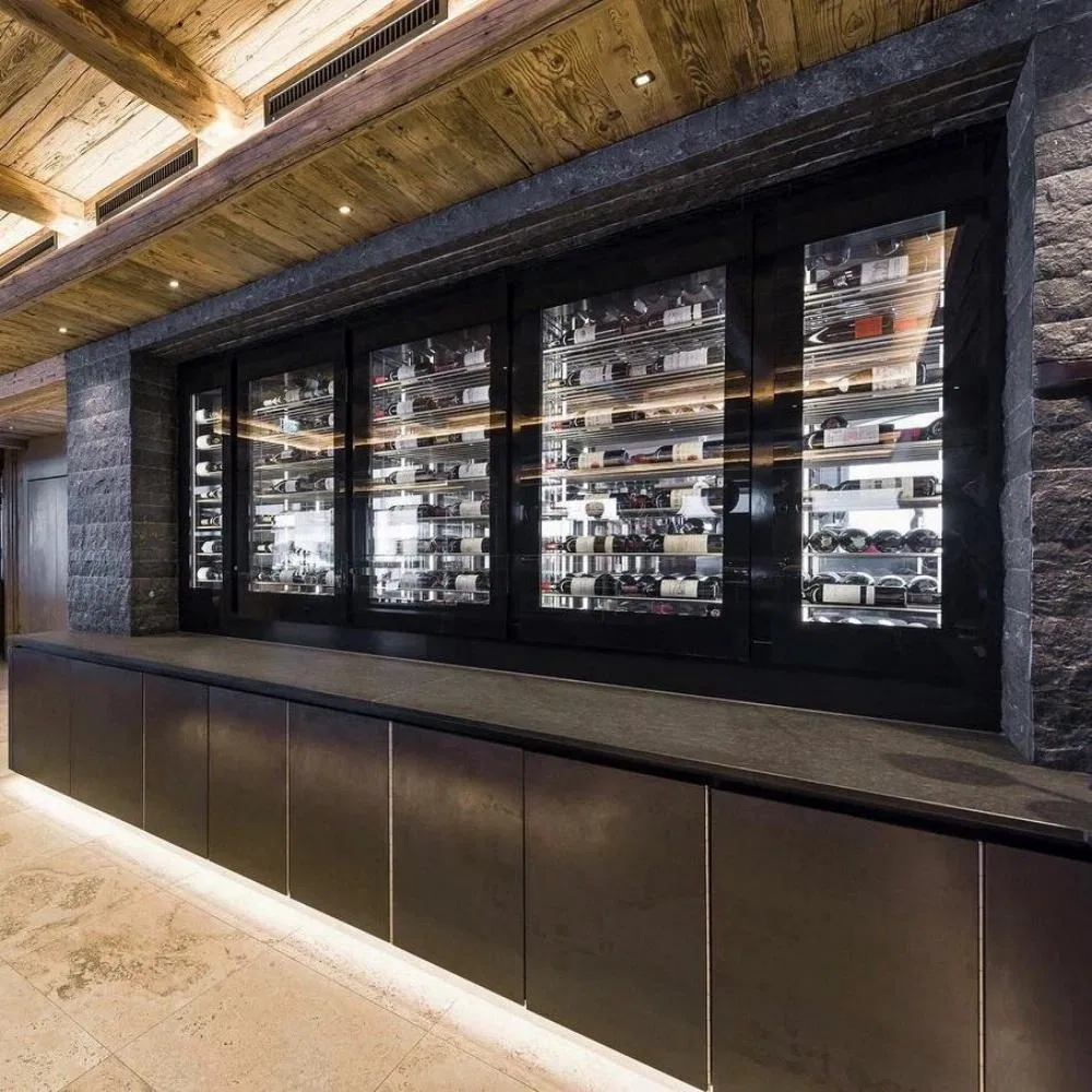 Royal Metal Industrial-Style Black Metal &amp; Glass Wine Cooler Cabinet with Bar Counter